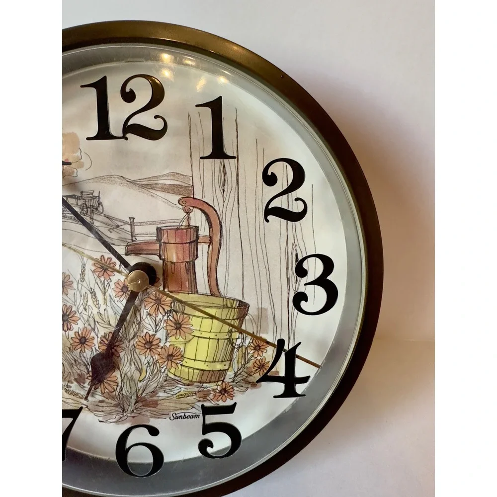 Vintage Sunbeam Wall Clock Country Water Pump Scene Brown Farmhouse Decor WORKS